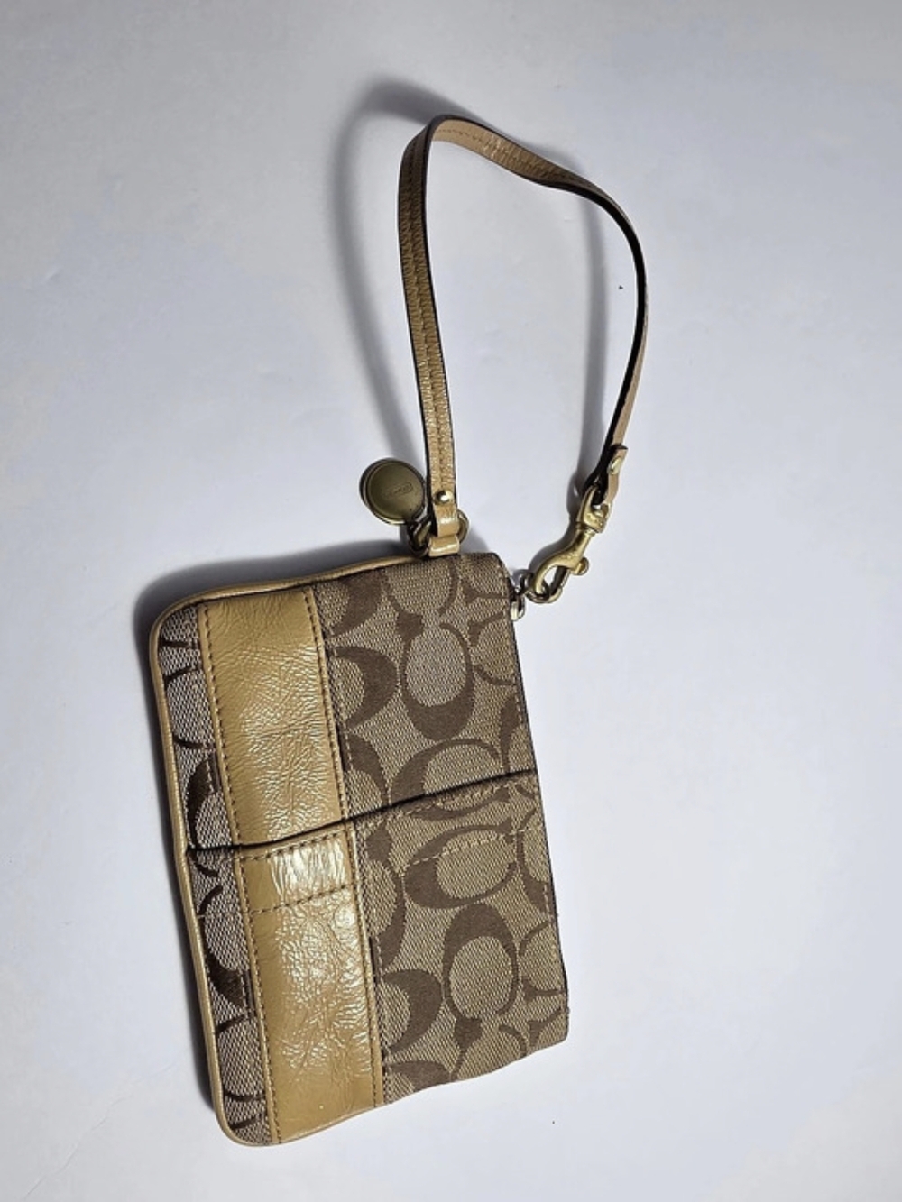 Coach Signature Stripe Wristlet Brown & Tan Mini Wristlet